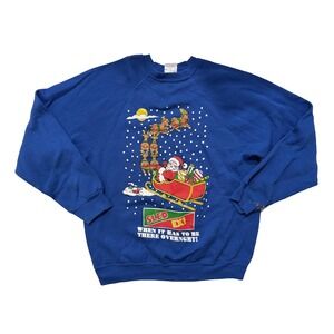 Vintage 90s Christmas Sweatshirt Women M/L Sled Ex Santa Reindeer Blue Holiday